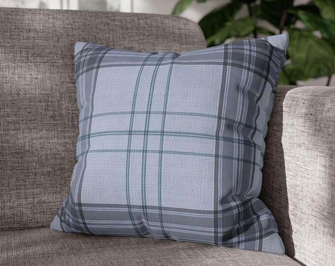 Blue Gray Tartan Plaid Square Poly Canvas Throw Pillow | Classic Preppy Stripe Pattern Accent Cushion (18"x18")