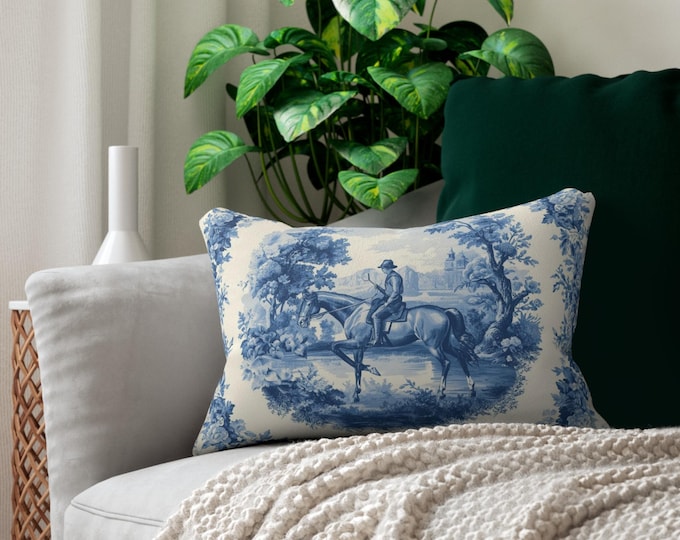 Equestrian Toile Horse Rider lumbar pillow | Blue Toile Decorative Pillow