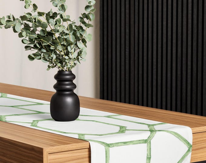 Preppy Trellis Pattern Table Runner | 16"x90" Green & White Matching Table Linens | Elegant Dining Accent