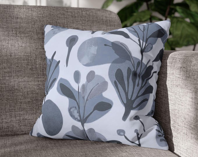 Blue Botanical Pattern Square Poly Canvas Throw Pillow | Abstract Floral Accent Cushion (18"x18")