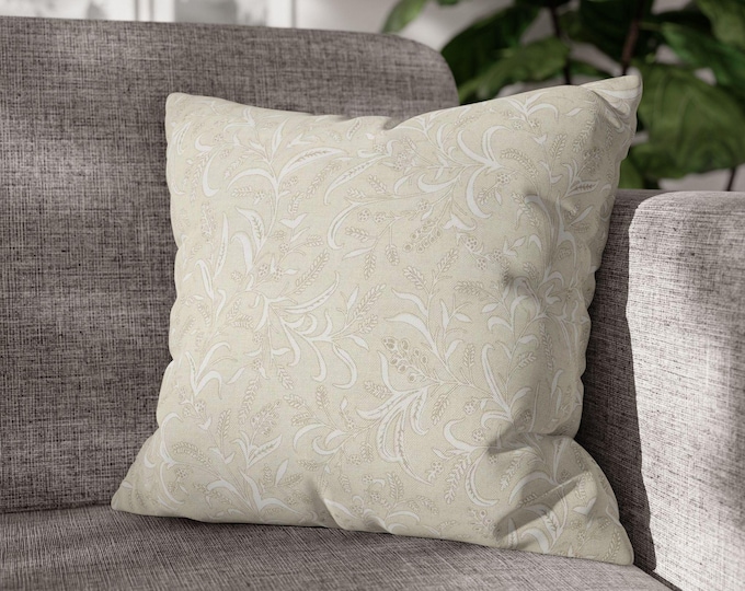 Neutral Swirl Pattern Square Throw Pillow | Decorative Beige Floral Texture Canvas Accent Cushion (18"x18")