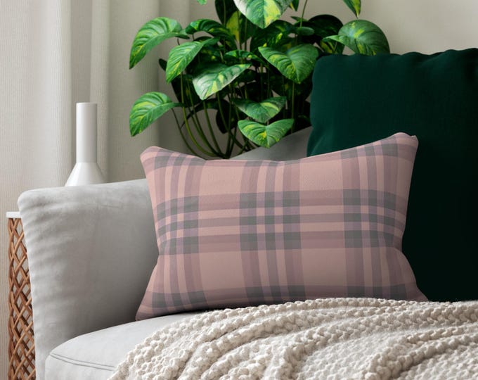 Blush Plaid Lumbar Pillow | Pink Gray Tartan Decorative Pillow