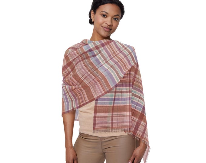 Pastel Pink Tartan Plaid Print Scarf | Preppy Classic Lightweight Fringe Check Pattern | Resort Travel Accessory (27"x71")