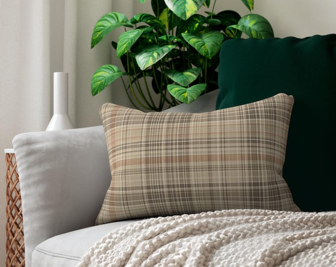 Neutral Plaid Lumbar Pillow | Tan Beige Tartan Throw Pillow
