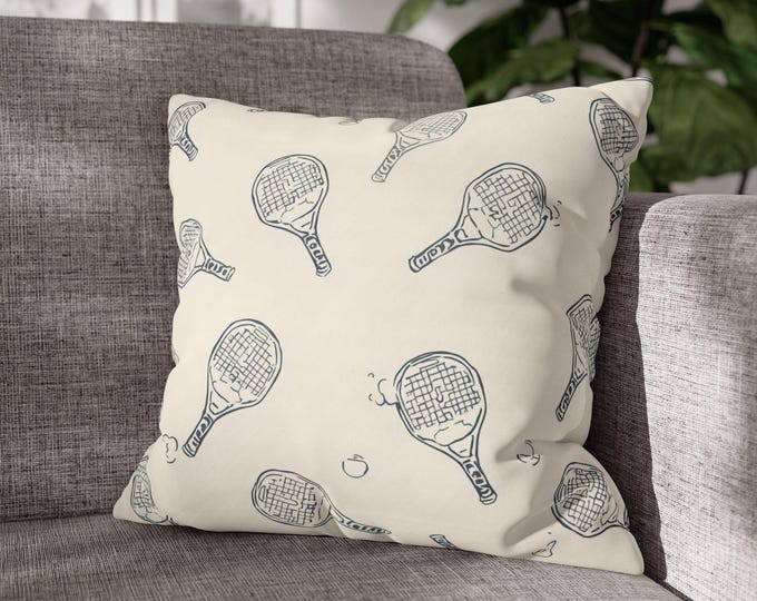 Hand-Drawn Pickleball Paddles, Tennis Rackets Pillow | Square Poly Canvas Cushion | 18"x18"