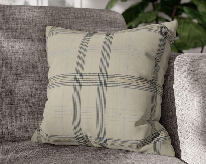 Neutral Plaid Throw Pillow Square Poly Canvas Accent Cushion | Beige Gray Plaid Cozy Cabin Decor (18"x18")