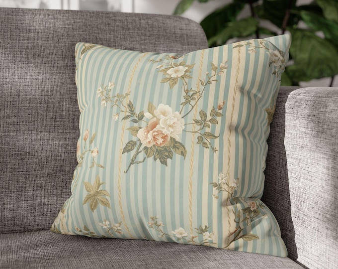 Vintage Floral Stripe Square Pillow | Shabby Chic Rose Pattern | 18"x18"