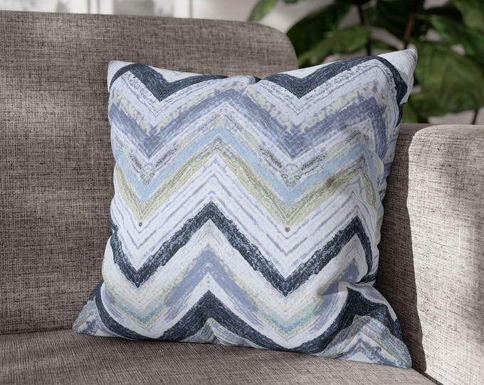 Blue Chevron Pattern Square Throw Pillow | Coastal Chevron Canvas Accent Cushion (18"x18")