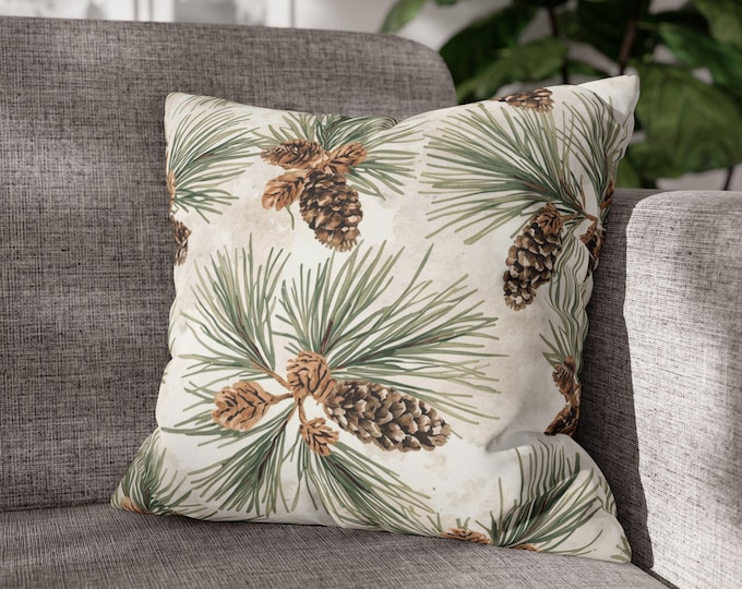 Pinecone Watercolor Throw Pillow | Square Poly Canvas Accent Cushion (18"x18")