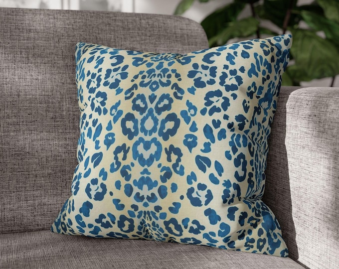 Blue Leopard Print Pillow | Hand-Painted Inspired Animal Throw Cushion (18"x18")