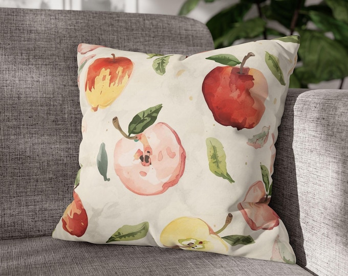 Watercolor Red Apples Square Throw Pillow | Fruit Pattern Home Decor Canvas Accent Cushion (18"x18")
