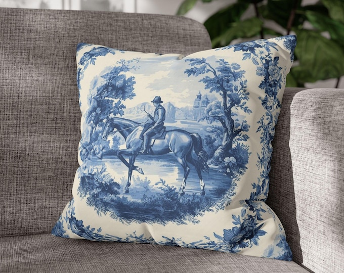 Blue and White Chinoiserie Fox Hunting Pillow, Toile Horse Rider Cushion, Grandmillennial Decor