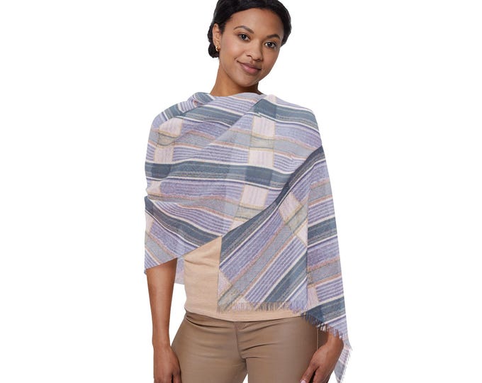 Pastel Blue Tartan Plaid Lightweight Fringe Neck Scarf | Preppy Striped Luxury Shoulder Wrap | Elegant Resort Travel Accessory (27"x71")