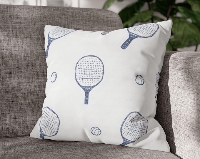 Hand-Drawn Pickleball Paddles and Balls Pillow | Square Poly Canvas Pillow | 18"x18"