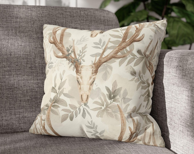 Neutral Deer Skull Throw Pillow | Antler Skull Pattern Square Accent Cushion (18"x18")