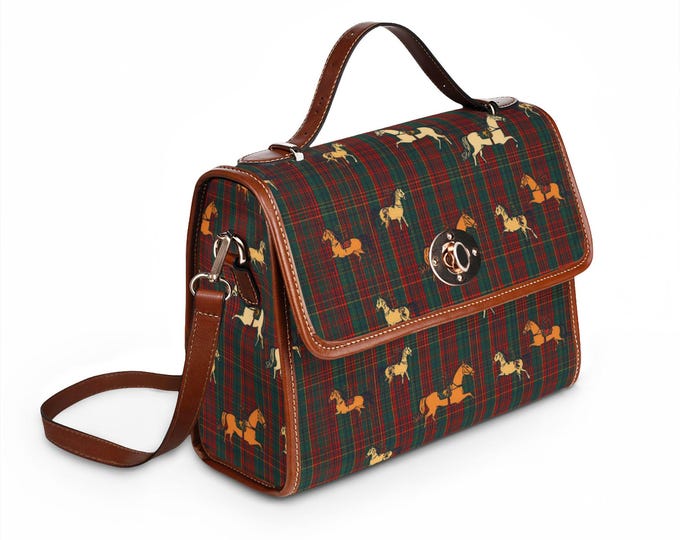 Plaid Horse Pattern Waterproof Canvas Bag | Saddle Brown Trim