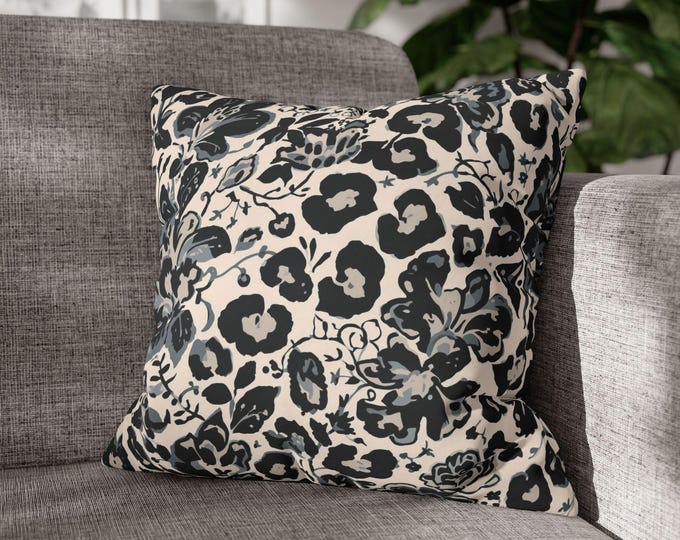 Floral Leopard Print Square Pillow | Hand-Drawn Blooms, Monochrome Accent (18"x18")
