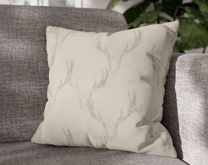 Antler Silhouette Throw Pillow | Neutral Decor Square Canvas Accent Cushion (18"x18")