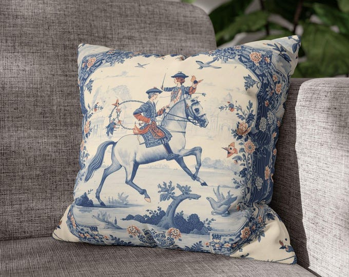 Blue White Chinoiserie Fox Hunting Pillow, Toile Horse Rider Cushion, Grandmillennial Decor 18x18