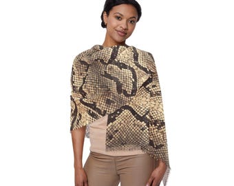 Beige, Black Python Snakeskin Animal Print Lightweight Neck Scarf | Luxury Shoulder Wrap | Elegant Resort Travel Accessory (27"x71")