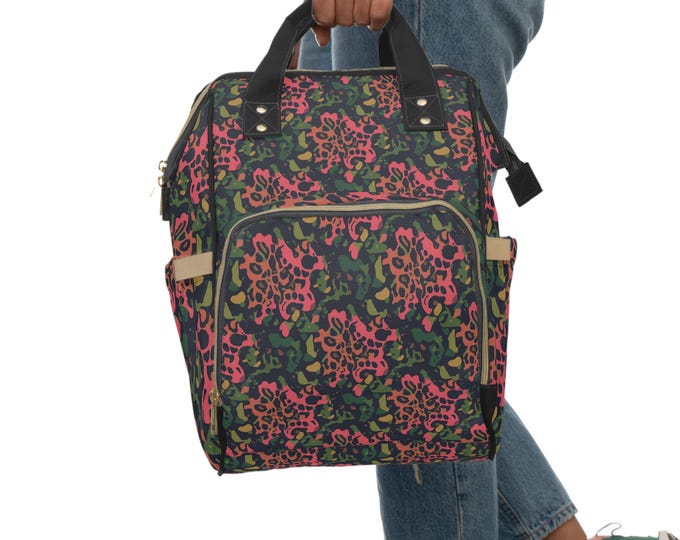 Green Pink Leopard Print Diaper Backpack | Multifunctional Baby Bag | 15"x10.8"x6.7"