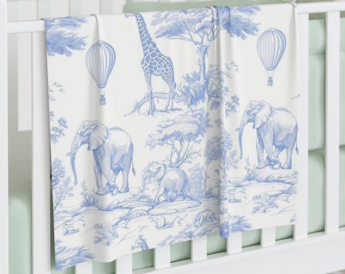 Blue Safari Animals Toile Baby Swaddle Blanket | Giraffe Elephant Hot Air Balloon