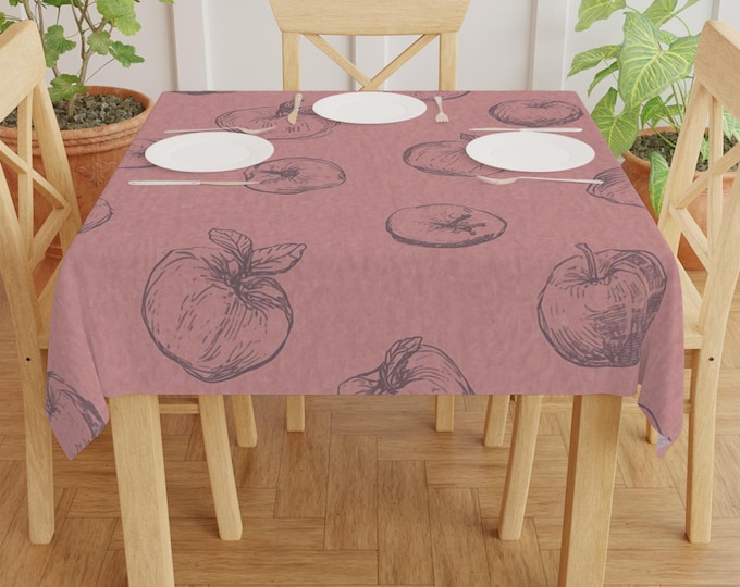 Hand-Drawn Apples Tablecloth | Pink Fruit Pattern, Farmhouse Kitchen Decor