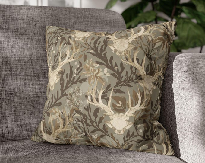 Deer Skull Antlers Camo Pattern Square Throw Pillow | Rustic Woodland Canvas Accent Cushion (18"x18")