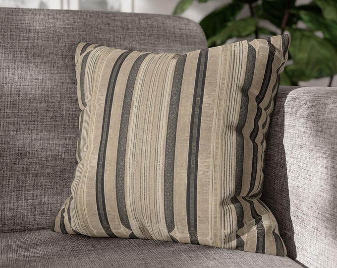Neutral Striped Pattern Square Throw Pillow | Beige Black Poly Canvas Cozy Accent Cushion (18"x18")