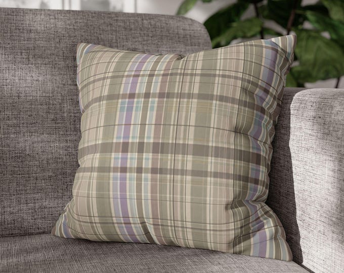 Neutral Tartan Plaid Throw Pillow Square Poly Canvas Accent Cushion | Tan Lavender Stripe Preppy Cottagecore Decor (18"x18")