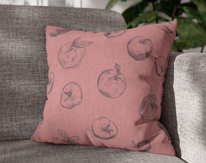 Hand-Drawn Apple Pattern Square Throw Pillow | Sketch Fruit Decorative Canvas Accent Cushion (18"x18")