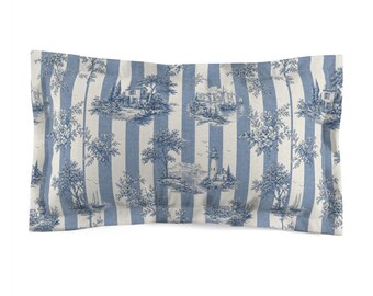 Blue Toile Stripe Scenic Design King Pillow Sham | coastal cottage stripe toile pattern