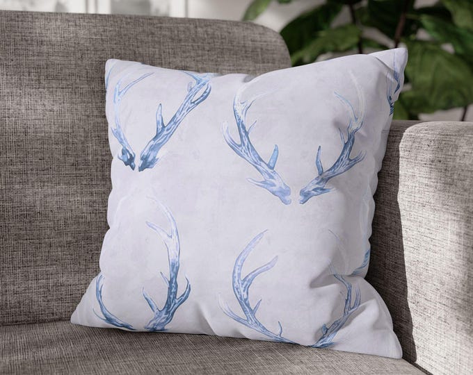 Blue Watercolor Antlers Square Throw Pillow | Deer Horn Pattern Canvas Accent Cushion (18"x18")