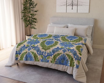 Blue & Green Botanical Throw Blanket 50x60 | Vintage Floral Cottage Garden Decor
