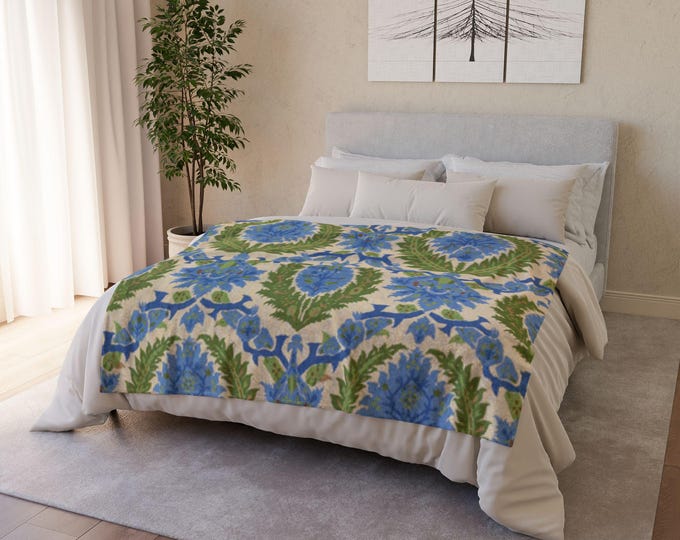 Blue & Green Botanical Throw Blanket 50x60 | Vintage Floral Cottage Garden Decor