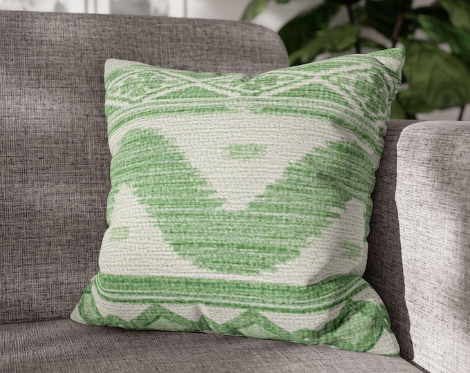 Green & White Aztec Stripe Pattern Square Throw Pillow | Abstract Geometric Canvas Accent Cushion (18"x18")