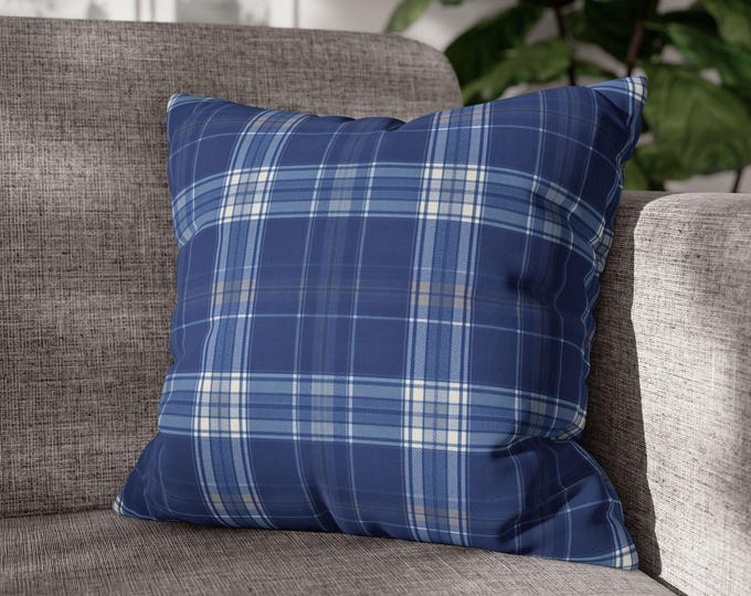Blue Plaid Square Throw Pillow | Navy Tartan Poly Canvas Cozy Accent Cushion (18"x18")