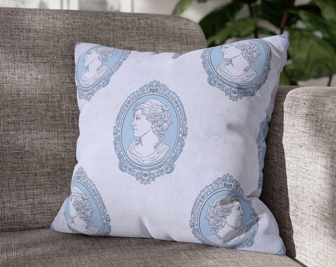 Blue Victorian Cameo pattern Throw Pillow | vintage portrait repeat design Canvas Accent Cushion (18"x18")