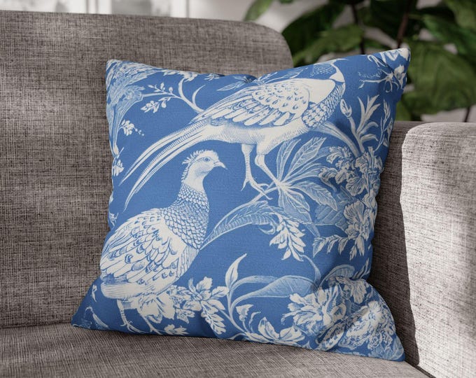 Blue Floral Bird Pillow | Vintage Pheasant Pattern Square Throw Pillow 18"x18"