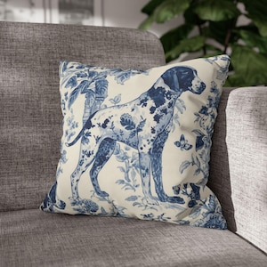 Blue Chinoiserie Toile English Pointer Pillow, 18x18 Cushion, Traditional Grandmillennial Decor