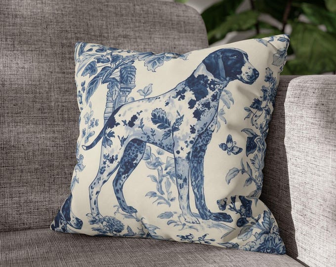 Blue Chinoiserie Toile English Pointer Pillow, 18x18 Cushion, Traditional Grandmillennial Decor