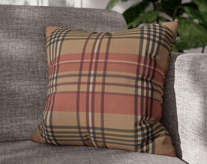 Classic Tan Tartan Plaid Square Throw Pillow | Poly Canvas Cozy Accent Cushion | Preppy Cabin Lodge Home Decor (18"x18")