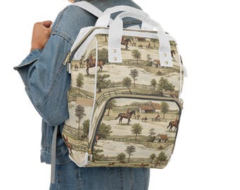 Mochila cambiador con estampado vintage de escena ecuestre / Estampado de granja de caballos