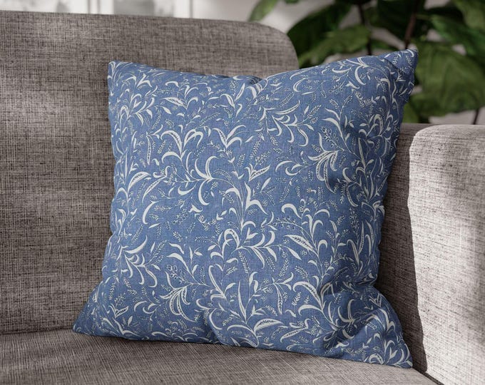 Blue & White Floral Vine Pattern Square Throw Pillow | Cozy Decorative Canvas Accent Cushion (18"x18")