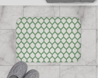 Preppy Trellis Bathmat | Coordinating Green and White Bathroom Rug for Shower Curtain & Home Decor