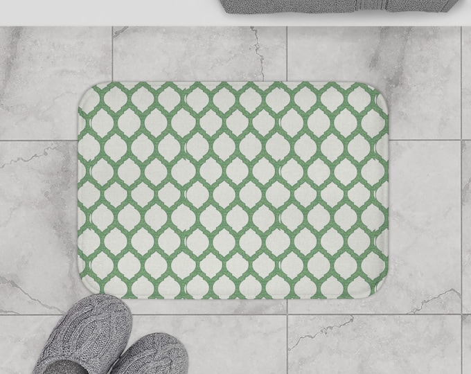 Preppy Trellis Bathmat | Coordinating Green and White Bathroom Rug for Shower Curtain & Home Decor