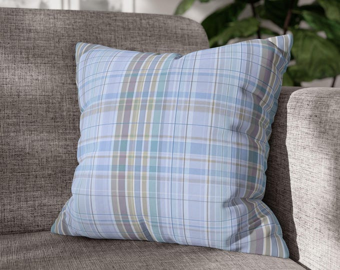 Blue Tartan Plaid Square Throw Pillow | Pastel Preppy Stripe Pattern Accent Cushion | Cozy Cabin Lodge Cottage Decor (18"x18")