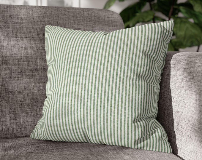Sage Green Pinstripe Square Throw Pillow | Minimal Stripe Modern Home Decor | Cozy Decorative Canvas Accent Cushion (18"x18")
