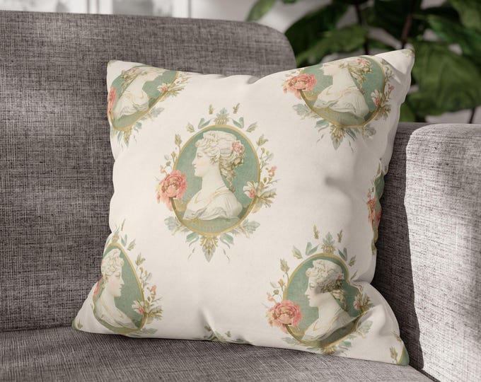 Vintage Cameo Floral Throw Pillow | Square Poly Canvas Accent Cushion (18"x18")