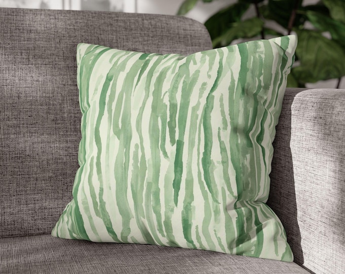 Green Watercolor Stripe Pillow | Square Throw Pillow, Abstract Tropical Pattern | 18"x18"